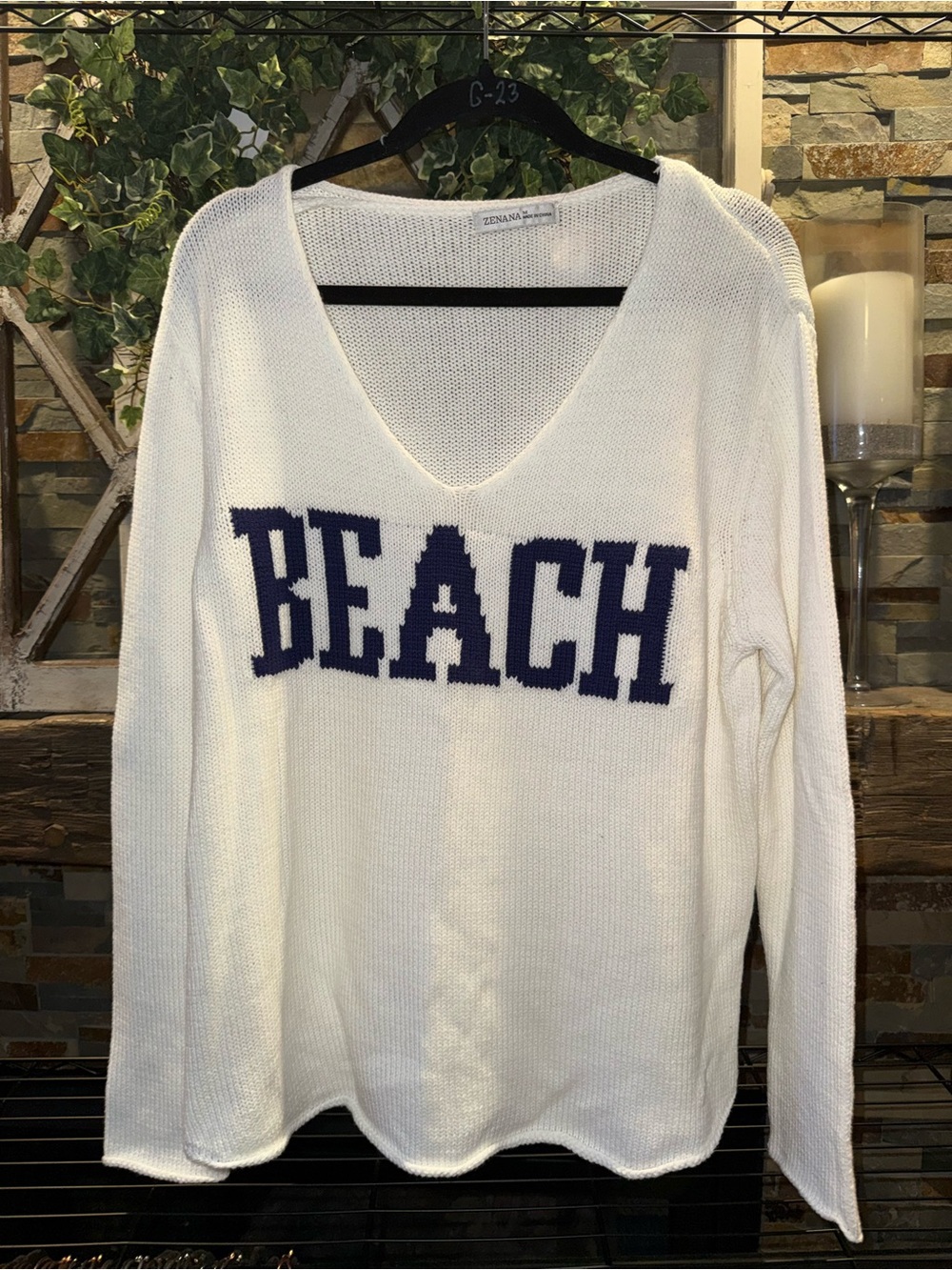 Zenana Outfitters White V-Neck Sweater with Navy 'BEACH' Lettering